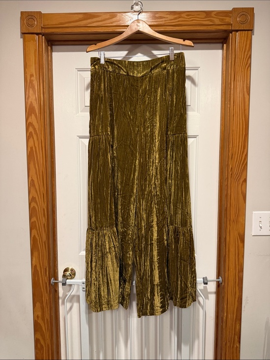 NATURAL LIFE Pants - NATURAL LIFE Olive Green Crushed Velvet Wide Leg Pants